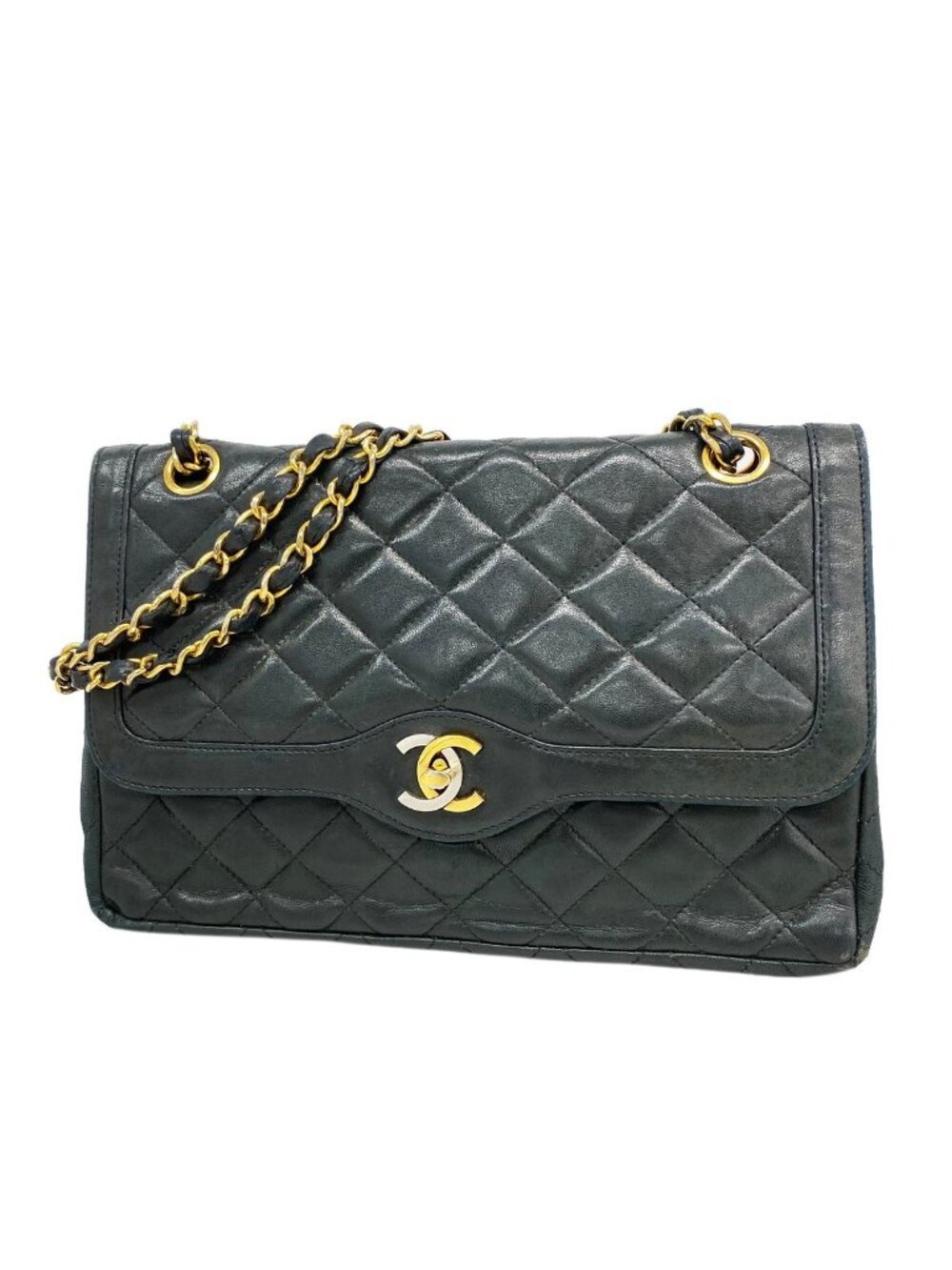 Chanel Shoulder Bag Quilted Limited Edition Lambskin Black Gold Silver